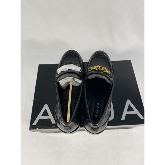 AQUA Perle Shoes Women's SZ 6 Black Croc Embossed Loafer Gold Chain Slip On - Picture 4 of 7